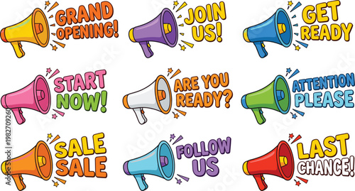 Megaphone announcement icons set, marketing promotion messages and advertising speech bubbles collection for sales campaigns and social media alerts, colorful vector style