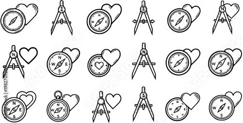 Guidance and Love Concepts Black  White Line Art Icons: Navigation Compasses, Geometry Dividers, and Heart Symbols for Direction and Affection