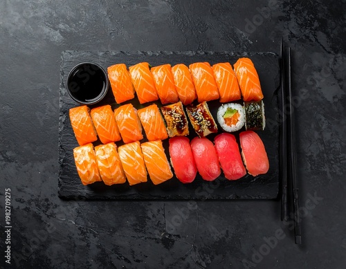 A beautifully arranged sushi platter with various rolls and sashimi on a black slate board