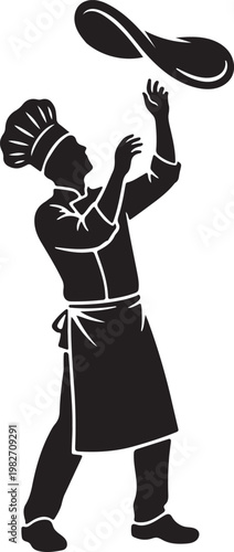 vector of a chef wearing a toque and tossing pizza dough in the air