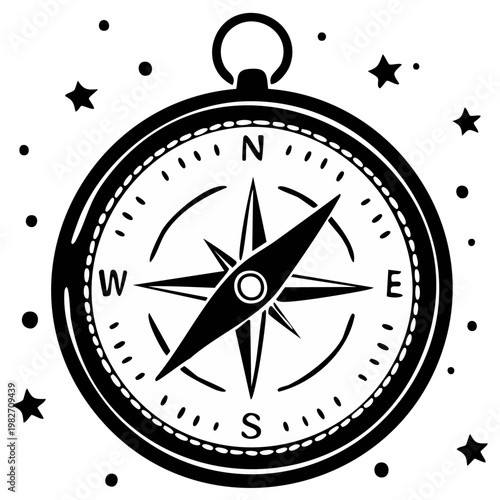 Illustration of a black compass with direction indicators surrounded by stars