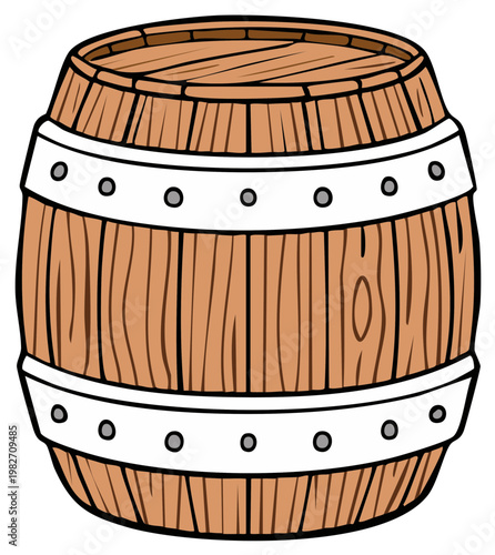 Illustration of wooden barrel with hoops, staves, and top view for containing and aging liquids or storage of goods