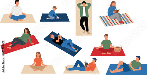People relaxing at home set, reading meditating resting on mats, lifestyle vector illustration collection design pack
