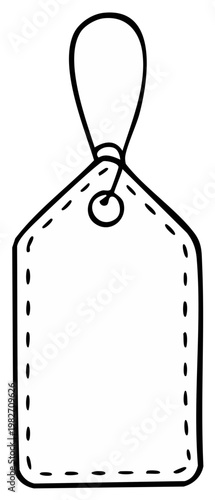 Blank label tag with a stitched outline, a loop for hanging, and a hole for a cord.