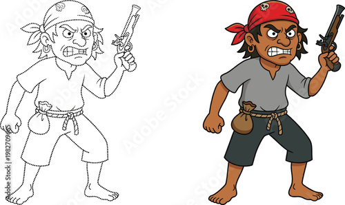 Pirate coloring page character set, cartoon outlaw with pistol and outline, kids activity illustration bundle