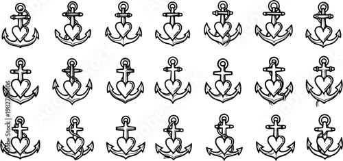 Black and white line art anchors with heart symbols, nautical tattoo style, romantic maritime design elements