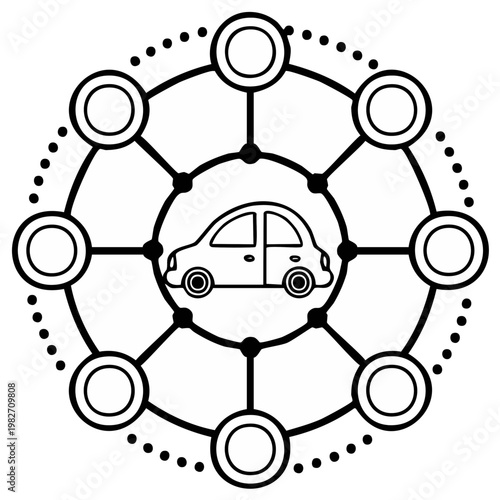 Conceptual illustration of a car surrounded by a network diagram highlighting connectivity and technology.