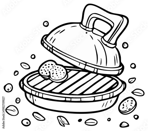 Hand drawn black and white illustration of a barbecue grill with food cooking and scattered ingredients