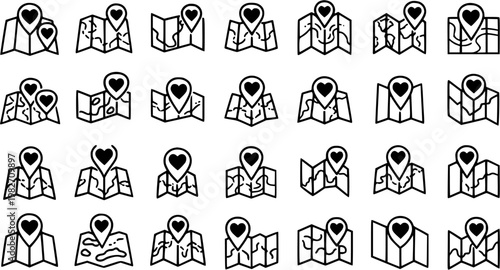 Travel Love Map Location Pin Icons - Black and White Outline Line Art Set for Romantic Journeys, Dating, and Favorite Destinations