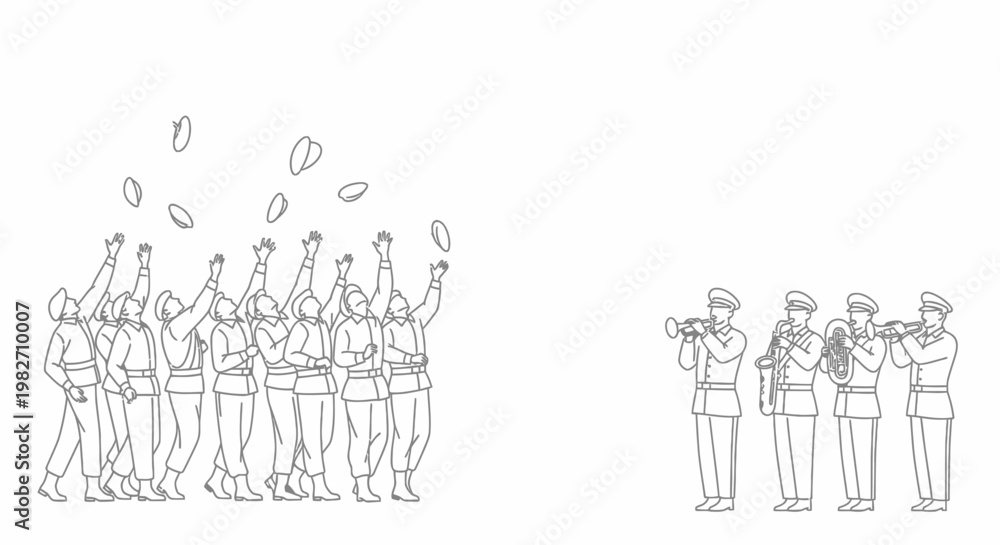 Obraz premium Celebration crowd throws hats in air with military band playing