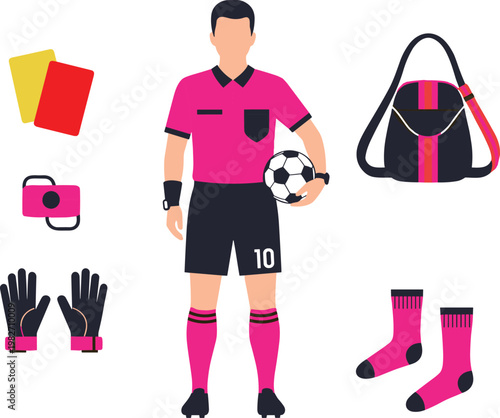 Soccer referee equipment set, football official uniform with accessories, sports cartoon vector illustration collection bundle design