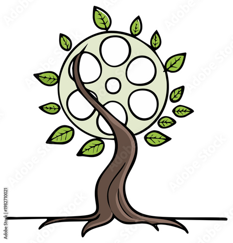 Stylized film reel tree icon concept for cinema ecology and green filmmaking initiatives illustration. Symbol of growth and sustainability