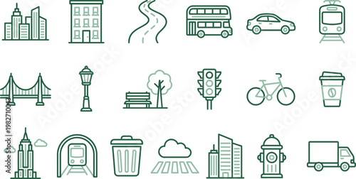 A collection of green line art city icons depicting various elements of modern urban infrastructure and transport