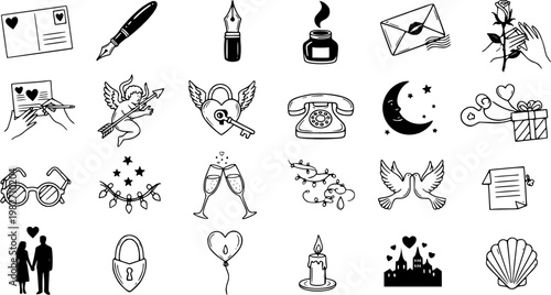 Black and White Line Art Valentine's Day Icons for Love and Romance - Hearts, Cupid, Roses, Envelopes, Pigeons, Candles, Locks, Couples, Wedding, Gifts, Phones, Stars, Moon, Shell, Champagne, Glasses
