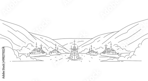Fleet of Battleships Sailing in a Scenic Mountain Fjord, Outline Illustration