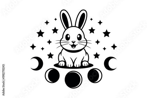 A whimsical cartoon rabbit sitting on a plate surrounded by stars and phases of the moon