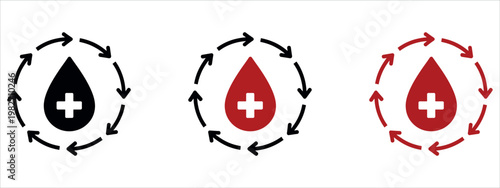 Medical Blood Circulation Icon Set with Drop and Arrows for Healthcare and Donation Awareness Vector Illustration.