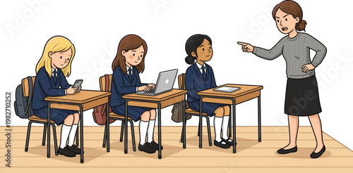 Strict teacher scolding students classroom scene, schoolgirls using phone and laptop, education discipline cartoon illustration concept