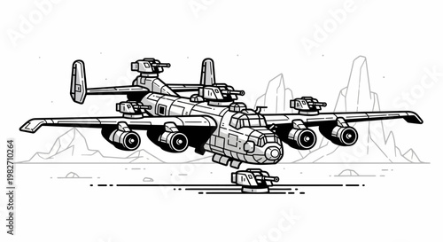 Futuristic Bomber Aircraft with Multiple Guns in Desert Landscape