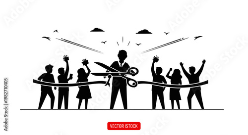 Grand Opening Ceremony: Businessman Cuts Ribbon with Scissors, Crowd Cheers