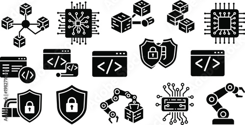 Blockchain and artificial intelligence solid icons set with coding security robotics and data network symbols isolated on transparent background technology vector