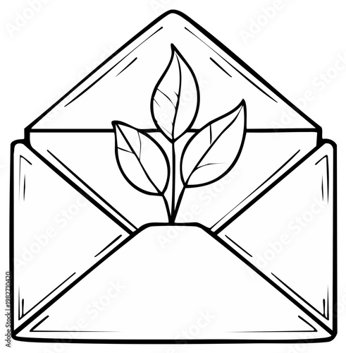 Envelope with leaves, vector illustration. Eco-friendly message concept in outline style. Delivering nature news.