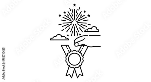 Hand holding a medal with fireworks and clouds, symbolizing achievement and celebration