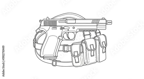 Handgun with Tactical Belt and Pouches - Line Art Illustration