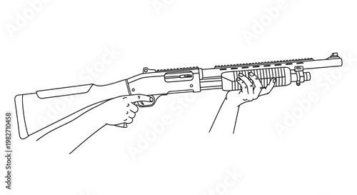Hands holding a tactical shotgun, ready for action, close-up, line art illustration
