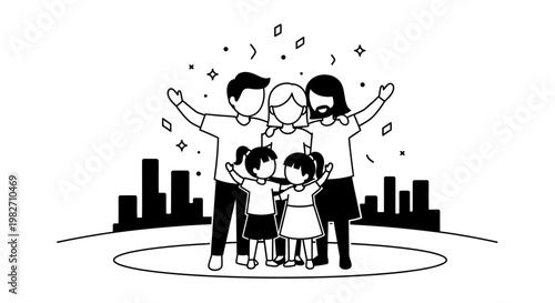 Happy Diverse Family Celebrating Together with Confetti and City Skyline Background