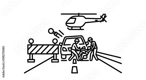 Helicopter rescue and car accident scene with emergency personnel and injured person