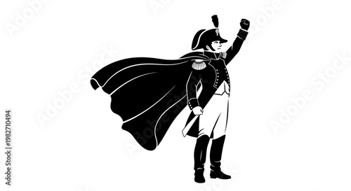 Historical Military Leader Silhouette with Cape and Sword, Inspiring Victory Pose