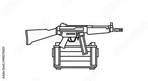 Line Art Illustration of Submachine Gun on Ammunition Crate