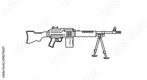 Line Art Illustration of a Machine Gun with Bipod