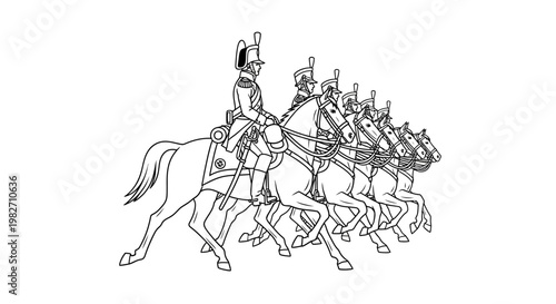 Line Drawing of Cavalry Soldiers on Horseback in Uniform
