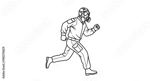 Man in Gas Mask Running, Hazmat Suit, Emergency Evacuation, Danger, Protection
