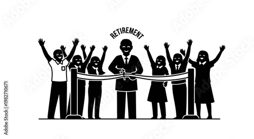 Man cutting ribbon at retirement party with cheering colleagues