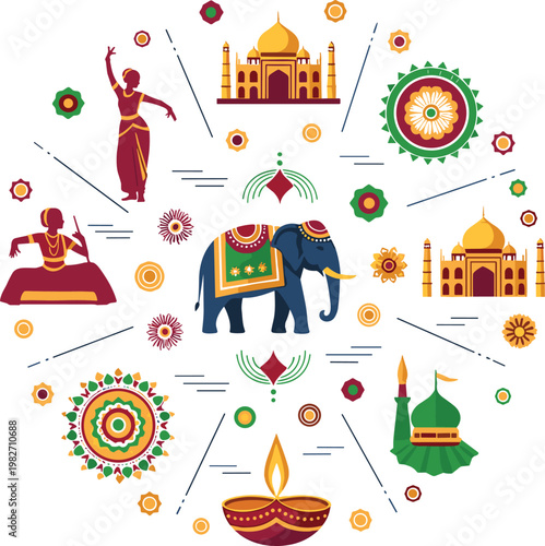 Indian cultural festival illustration with elephant Taj Mahal dancer diya and decorative elements isolated on transparent background colorful vector designPrint