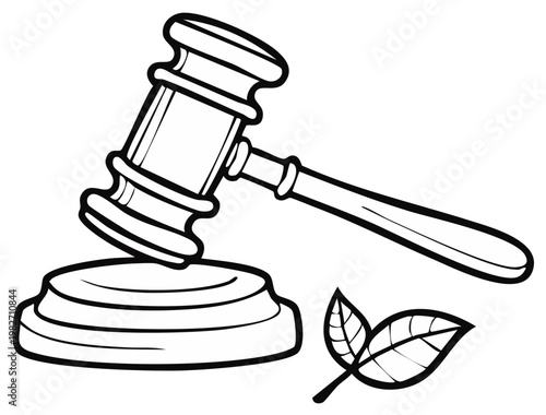 Lawyer gavel striking wooden block near green leaves representing justice and nature