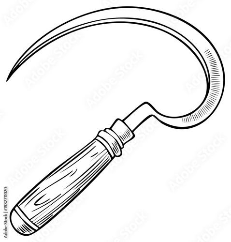 Hand drawn illustration of a traditional agricultural sickle tool with a wooden handle