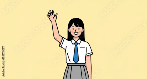 Young Asian student in school uniform waving hello cheerfully.