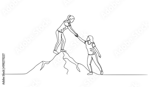 A minimalist line art illustration of two people helping each other climb