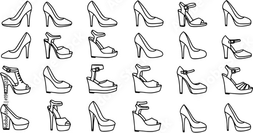 Black and White Line Art Vector Set of Diverse High Heel Shoes and Sandals