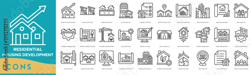 Residential Housing Development Icon set. Modern Housing Complex, Suburban Housing Project, Urban Housing Estate, Affordable Housing Plan, Residential Community Layout and Housing Development Project