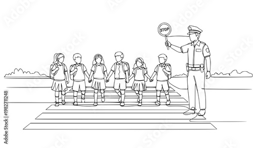 A vector graphic illustration of children crossing the street with a police officer