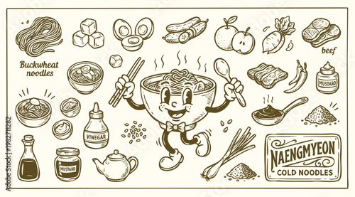 Vintage 1930s Retro Mascot Naengmyeon Korean Cold Noodle Illustration Set