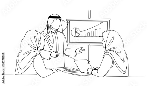 A minimalist line art illustration of two Middle Eastern businessmen discussing data