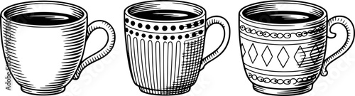 Vintage style coffee mugs with different decorative patterns white background drink