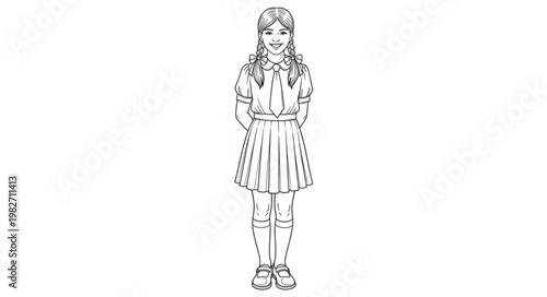 Young girl in a dress standing and looking forward in a drawing.