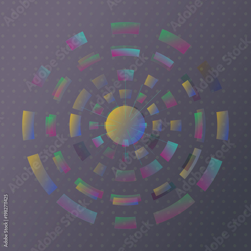 Radial Emblem abstract background with emblem, badge, and medallion elements; sparse composition, cool palette, experimental mood.